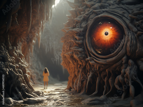 Enigmatic Gaze Vray-Traced Monster, Conceptual Light Play, and Eroded Surfaces