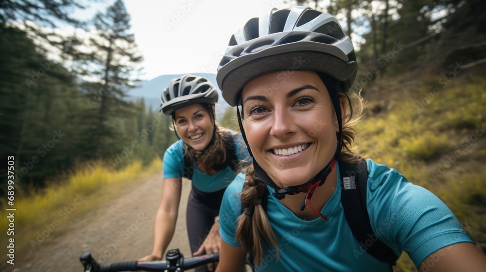 A beautiful female cyclist taking a selfie while cycling with pine trees and hills in the background. A beautiful female cyclist taking a selfie while cycling with pine trees and hills in the background.