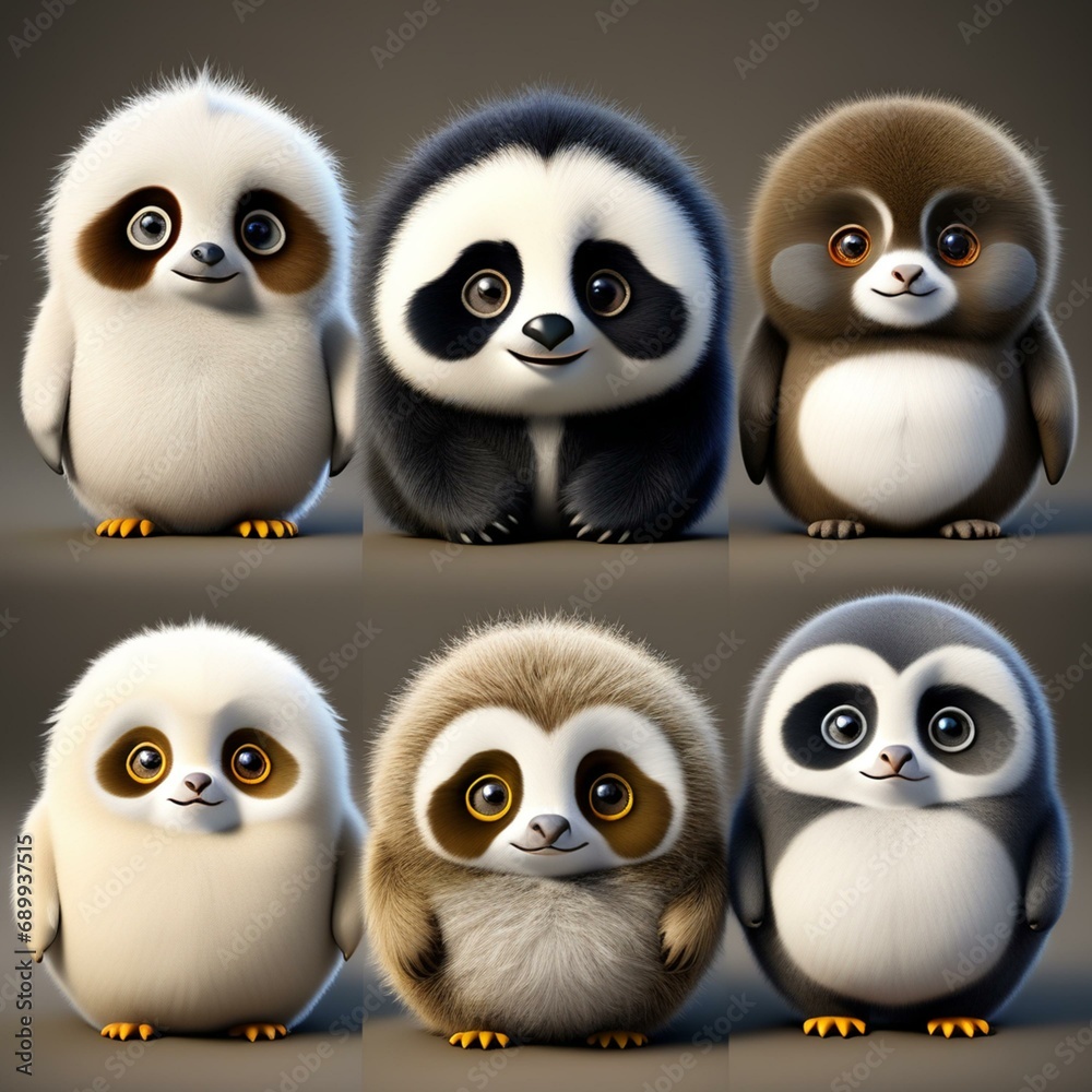 Fototapeta premium furry character, part sloth, part panda and part penguin, big eyes, cute, mascot