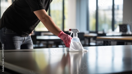 A Close-up of cleaning staff using cloth and spraying disinfectant to wipe down tables in a corporate office. Cleaning staff concept. photo