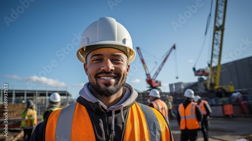 A Civil engineer takes a selfie standing near a construction site with a tower crane in the background.