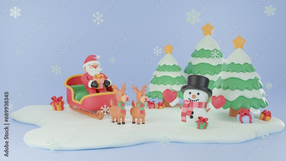 3D illustration, Mary Christmas and Happy New Year decorated with a Christmas tree, a snowman, gift boxes, and snowflakes on a snow floor.