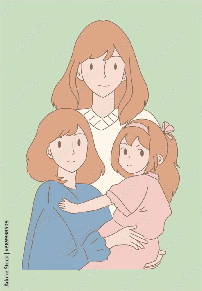 Happy sisters portrait. Group of different ages sibling. Hand drawn flat cartoon character vector illustration. Happy sisters portrait. Group of different ages sibling. Hand drawn flat cartoon character vector illustration.
