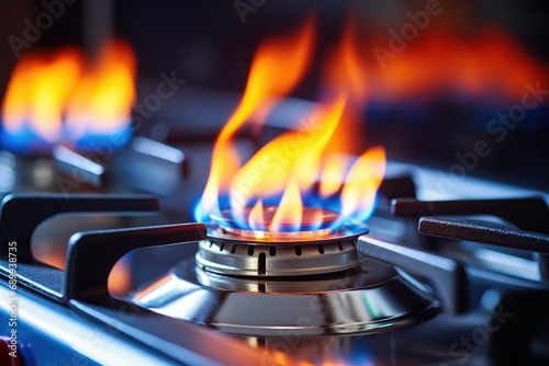 Detailed close-up shot of a gas burner on the stove in the kitchen with selective focus.Generative AI