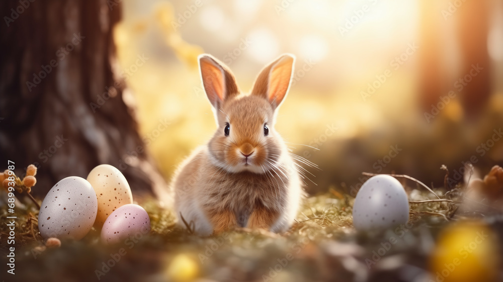 Poster, Print Beautiful Easter Background with Cute Easter Bunny, 40x22.2 cm