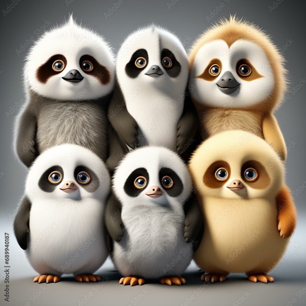 Naklejka premium furry character, part sloth, part panda and part penguin, big eyes, cute, mascot