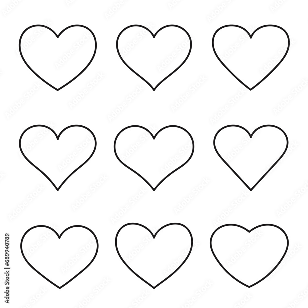 A set of heart icons for Valentine's day. Editable stroke outline