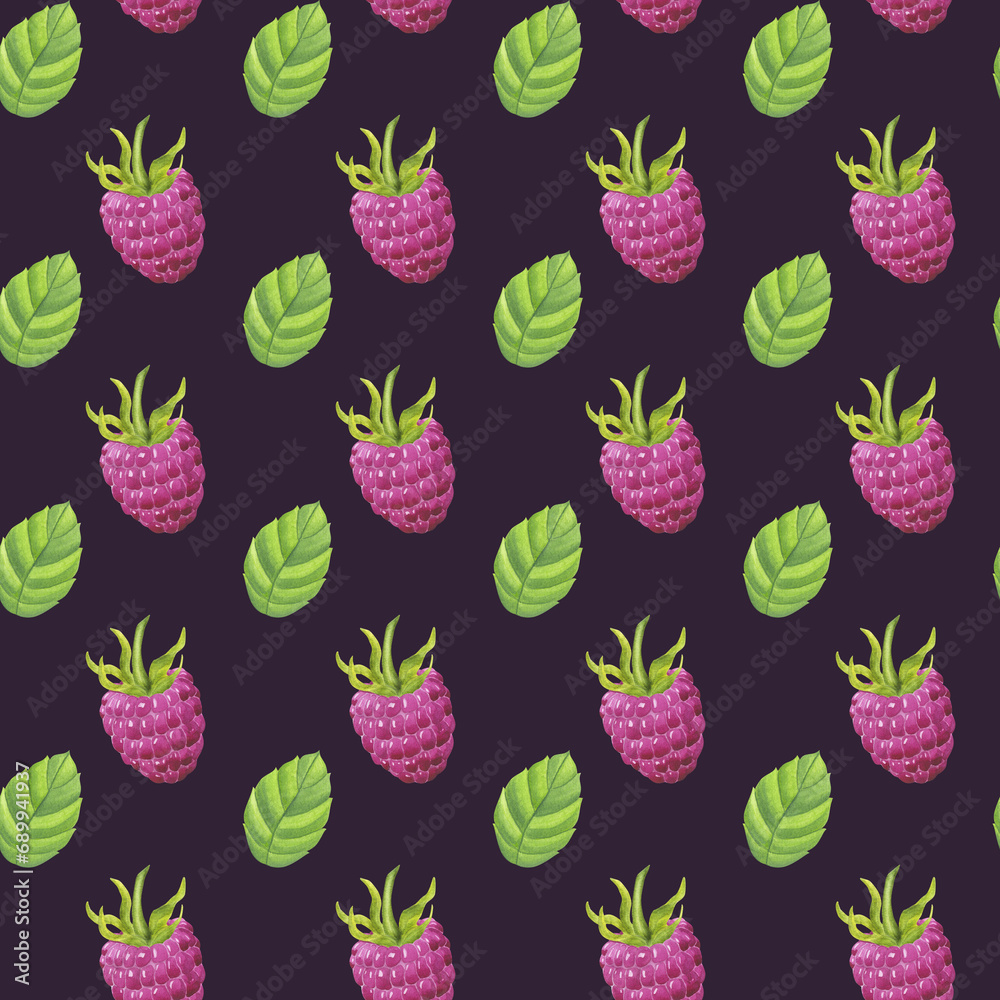 Seamless pattern pink raspberry, sweet berry with green leaves. Botanical food clipart. Hand drawn watercolor illustration isolated on dark background. Printing on fabric, paper packaging Seamless pattern pink raspberry, sweet berry with green leaves. Botanical food clipart. Hand drawn watercolor illustration isolated on dark background. Printing on fabric, paper packaging