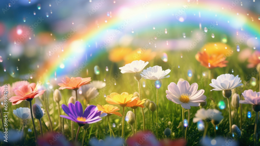Colorful flower meadow with rainbow and bokeh effect.