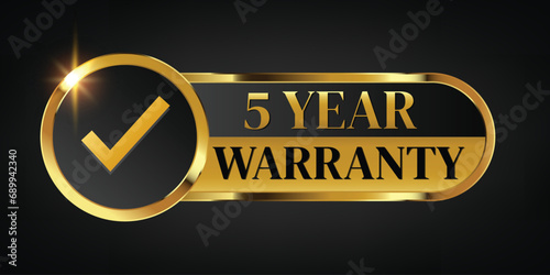 5 year warranty logo with golden banner and golden ribbon.Vector illustration. photo