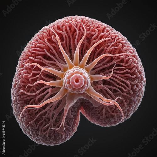 Roundworm parasites in the human intestine. Ascariasis. Diseases of the human digestive system. 3d rendering