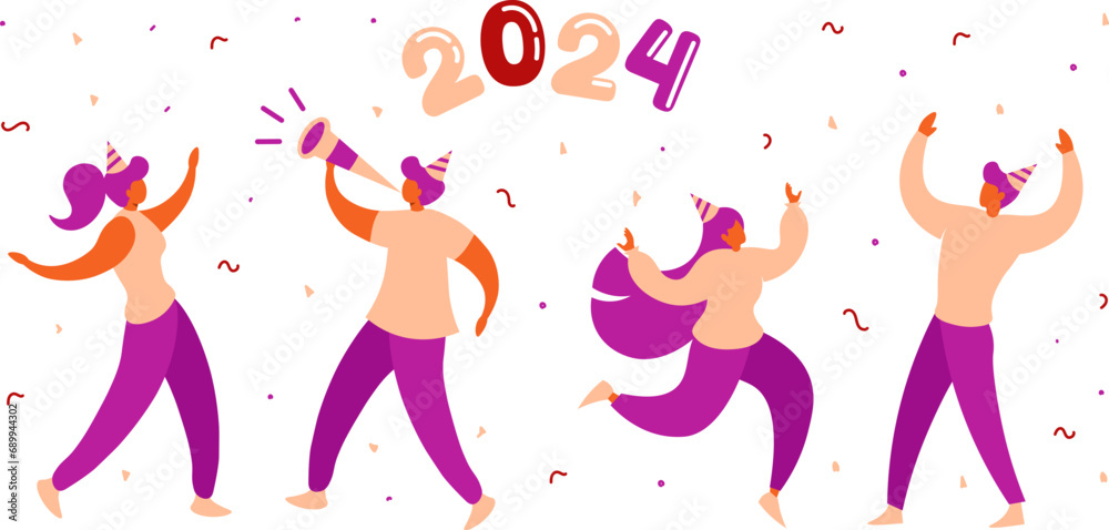 Male and Female Character New Year 2024 Party - Vector Illustration