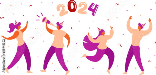Male and Female Character New Year 2024 Party - Vector Illustration