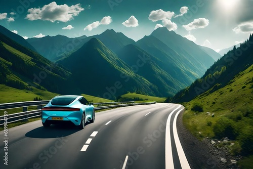 electric car driving on a highway in the summer, mountain in the background-
