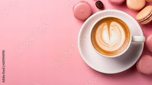 Cup of coffee with heart, Valentine's day background banner . White cup of coffee, pink beige macaroons on pink background. Romantic backdrop. Copy space, Valentine day Mother day Easter concept