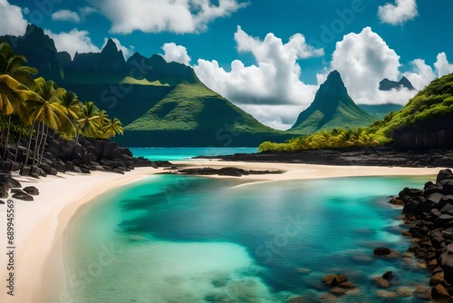 *landscape with le mome beach and mountain at mauritius island, africa- 