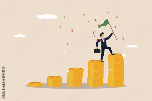Financial success, achieving financial freedom, making a profit or savings or investment goal concept, successful businessman holding a victory flag above a pile of money coins.