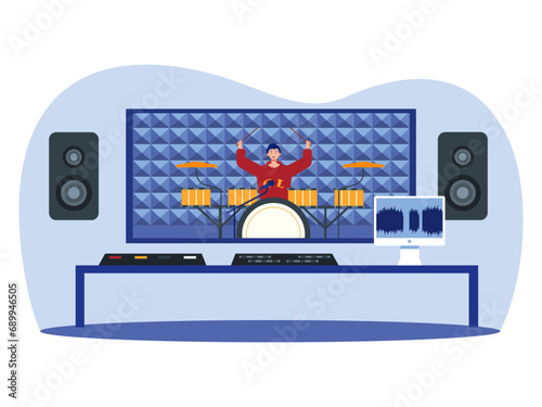 Man playing drums in music studio. Music studio Illustration.