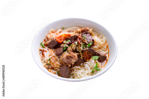 Northern Thai food, Spicy rice noodles soup with pork and pork blood in bowl, Local Thai food