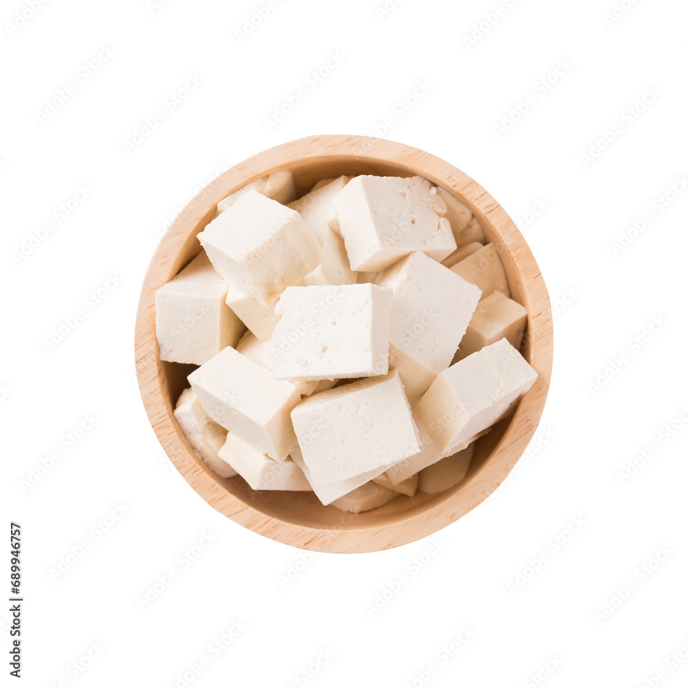 Slice organic tofu in wooden bowl, Vegan food Slice organic tofu in wooden bowl, Vegan food