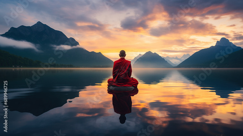 Monk Meditating Alone in Nature photo