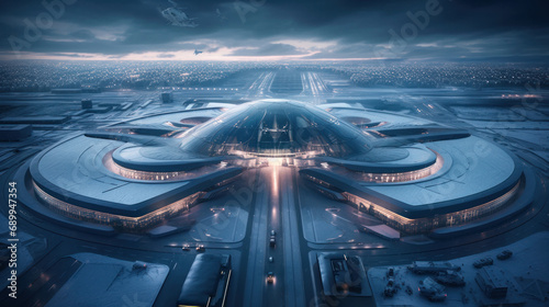 Futuristic Airport or spaceport Building. Iconic space structure aerial view.