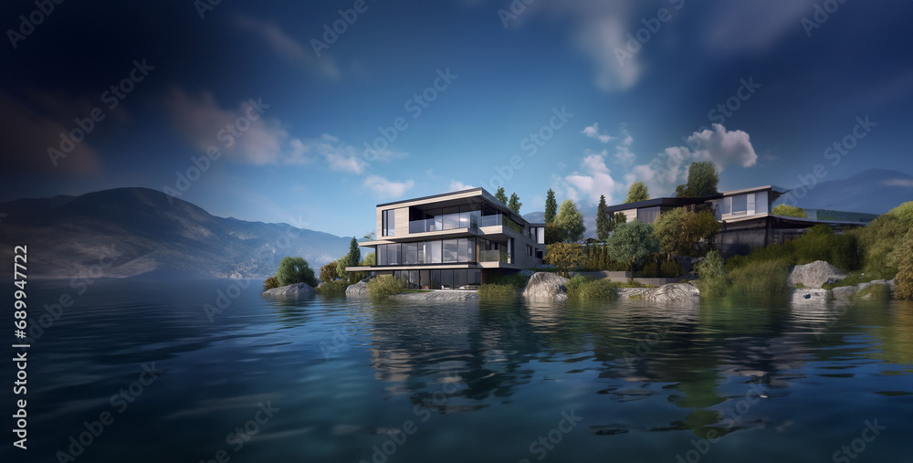 Fototapeta premium houses on the river, house on the lake, house on the river, 
