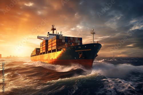 Cargo ship carrying containers in the middle of the ocean and big waves. Big container cargo ship overcomes the big waves and sails to the port in the background of sea and beautiful sky.
