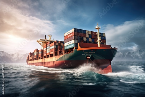 Cargo ship carrying containers in the middle of the ocean and big waves. Big container cargo ship overcomes the big waves and sails to the port in the background of sea and beautiful sky.