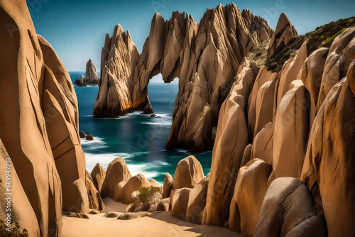 closeup view of the arch and surrounding rock formations at lands end in cabo san lucas, baja california sur, mexico-