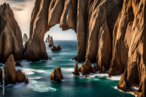 closeup  view of the  arch and surrounding rock formations at lands end in cabo san lucas, baja california sur, mexico- photo