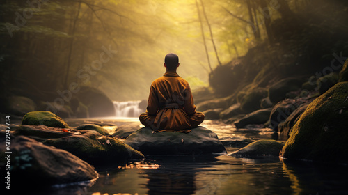 Monk Meditating Alone in Nature