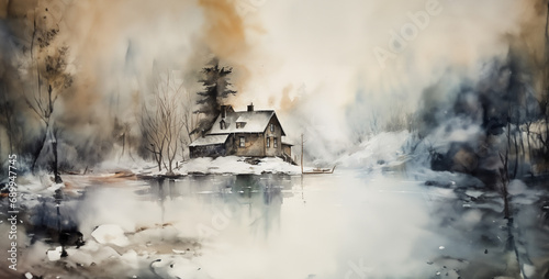 misty morning in the mountains, house in the mountains, house in the fog, 