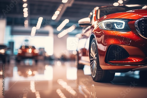 New cars display in luxury showroom with light bokeh in motor show event. Blurred Background of Luxury Cars in Showroom with Bokeh Lights. © Naknakhone