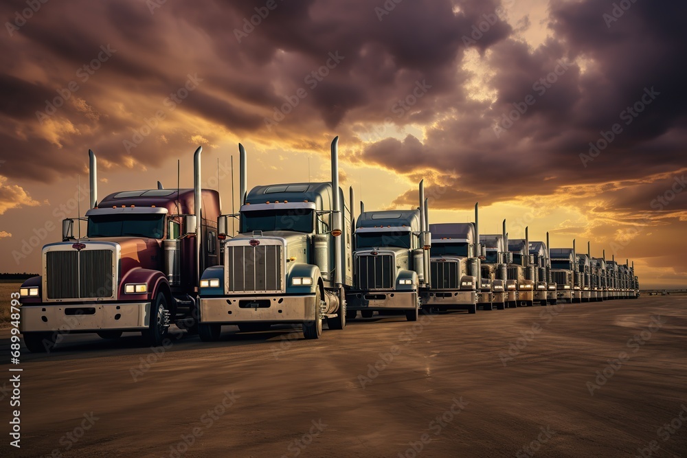 a row of semi trucks parked next to each other in a parking lot at sunset or dawn with clouds in the sky. Several semi trucks parked on the side of the road.