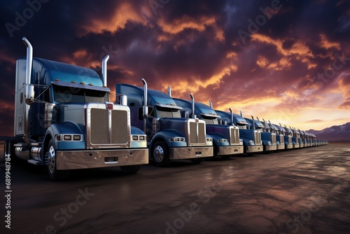 a row of semi trucks parked next to each other in a parking lot at sunset or dawn with clouds in the sky. Several semi trucks parked on the side of the road. photo