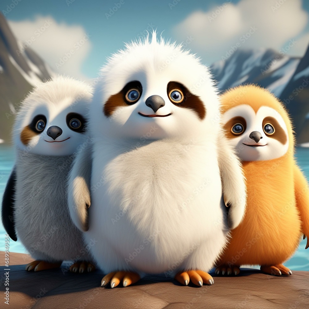 furry character, part sloth, part panda and part penguin, big eyes, cute, mascot furry character, part sloth, part panda and part penguin, big eyes, cute, mascot