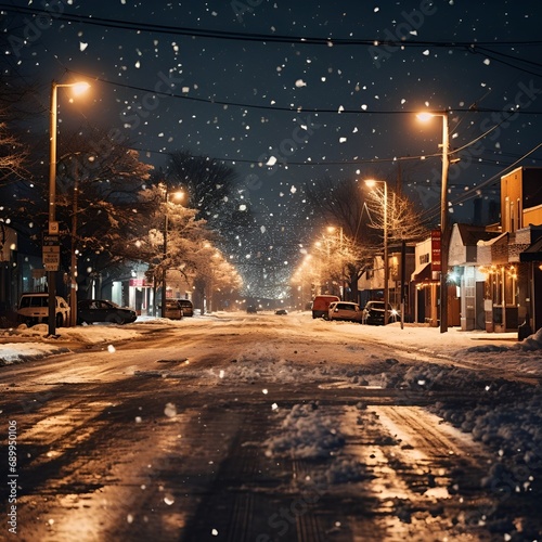 christmas night city with Christmas tree:
a snowy night