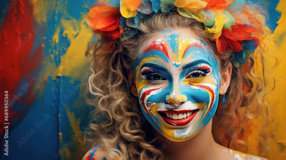 Fototapeta premium Portrait of funny girl with face painting on blurred background