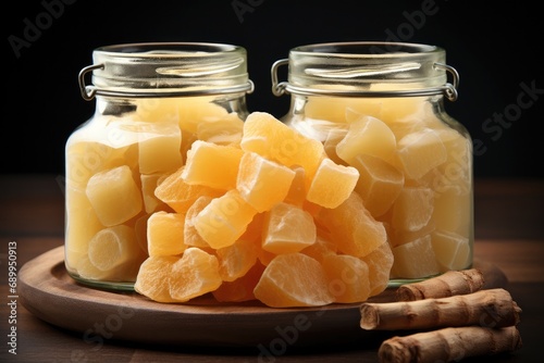 Slices of ginger in sugar in minimalist glass jars.