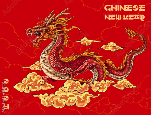 Elegant chinese dragon new year with red background and cloud aesthetic element