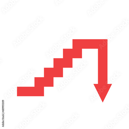 red business arrow in the shape of a stair step decline going down represent financial loss recession