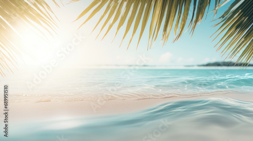 Blur tropical beach with coconut palm leaf and bokeh sun light wave abstract background