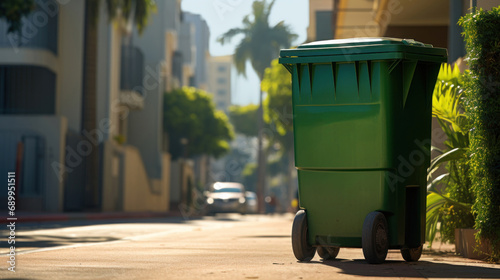 Green garbage bin on the street in the city with palm trees.