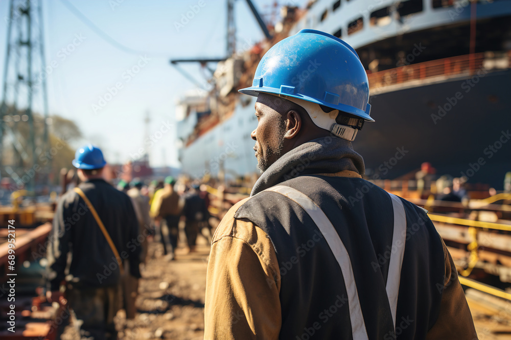 A group of men working on a dock next to a large ship in ship repair factory. Back side view. Ship building. A group of men working on a dock next to a large ship in ship repair factory. Back side view. Ship building.