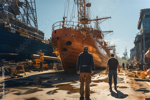 A group of men working on a dock next to a large ship in ship repair factory. Back side view. Ship building. photo