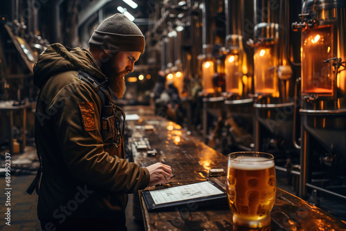A specialist master brewer tests and records the metrics in a small craft brewery.
