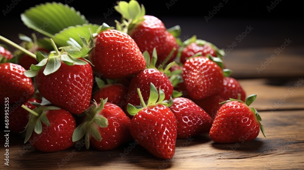 Red strawberries on a wooden table.