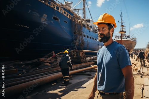 A man with hard hat standing in front of a ship in ship repair factory. Group of workers on background. photo