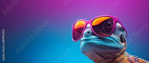 a lizard with sunglasses in blue space, in the style of vibrant color-blocking, 32k uhd, post-internet aesthetics, pink and amber, heatwave, 20 megapixels, vibrant colours photo